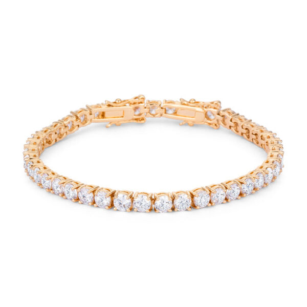 Gold plated tennis bracelet with round cubic zirconia stones set in a continuous row