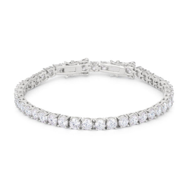 The bracelet laid flat, showing round stones in prong settings along its length