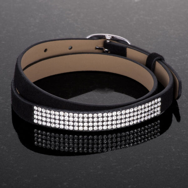 Classic 3-stone wrap bracelet with clear round crystals and rhodium plating.