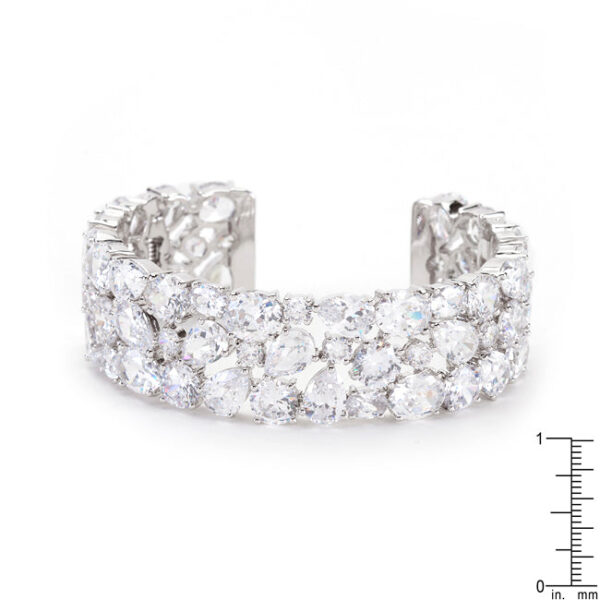 Oval and round cubic zirconia cuff bracelet in prong settings, rhodium plated over lead free alloy (brass).