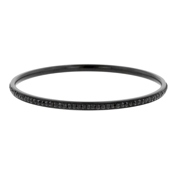 Black bangle with round crystals set around a gunmetal/hematite plated band, shown in full