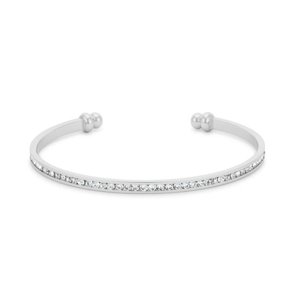 Channel-set cuff with round clear crystals, 0.8 ct total stone weight, and a rhodium plated over lead free alloy (brass) finish.