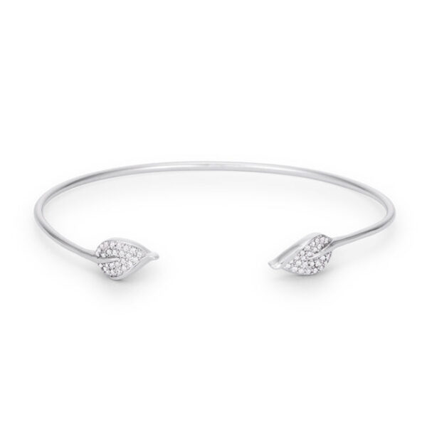 Rhodium plated cuff bracelet with clear round cubic zirconia stones along its length