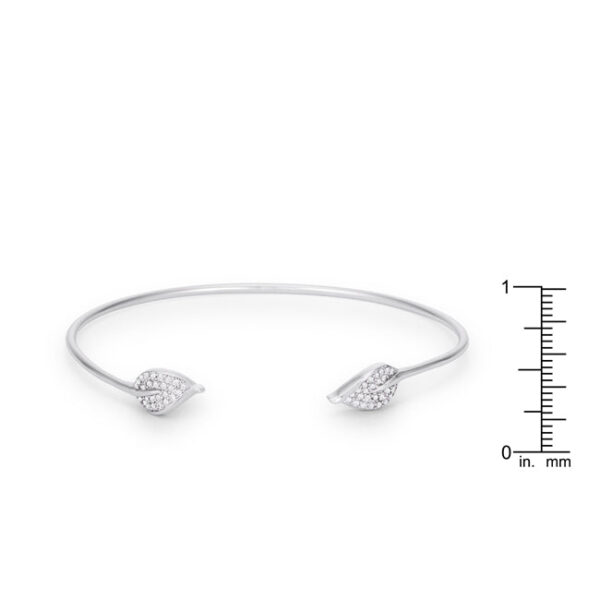 Side angle of the rhodium plated bracelet showing the cuff clasp and shape