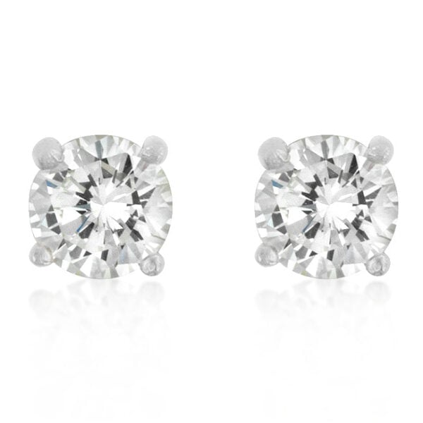 Round cubic zirconia stud earrings with a bright white rhodium plated finish