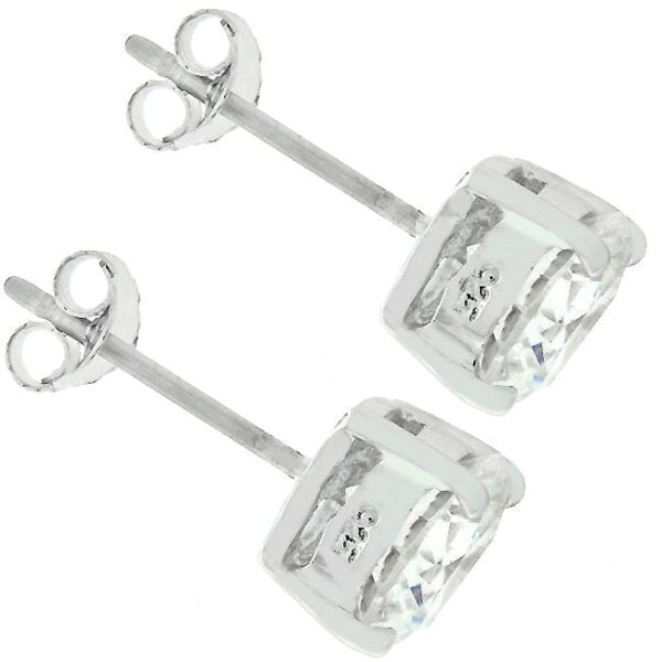 Round prong-set cubic zirconia stud earrings in rhodium plated over .925 sterling silver.