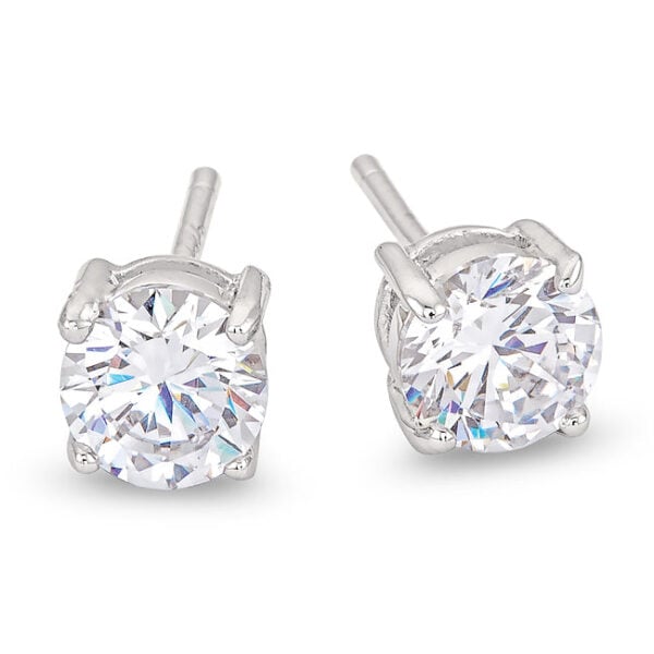 Round cubic zirconia stud earrings in rhodium plated over .925 sterling silver with Butterfly (post) backings.