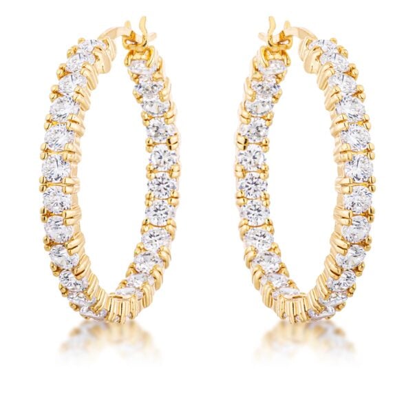 18K Gold plated hoop earrings lined with round cubic zirconia stones set in prongs