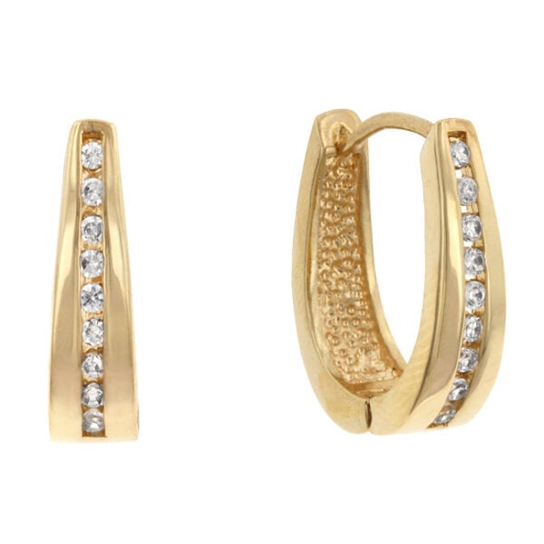 Goldtone finish plated hoop earring with round cubic zirconia stones set in a channel along the band