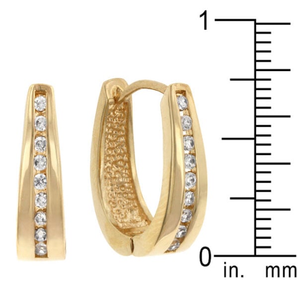 Pair of goldtone finish plated hoop earrings laid together showing matching cubic zirconia stones
