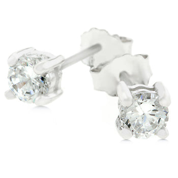 Round stud earrings in rhodium plated over .925 sterling silver with round cubic zirconia in prong settings and butterfly backings.