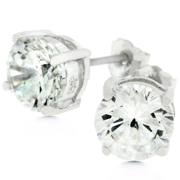Clear round cubic zirconia stud earrings in rhodium plated over .925 sterling silver with prong settings.