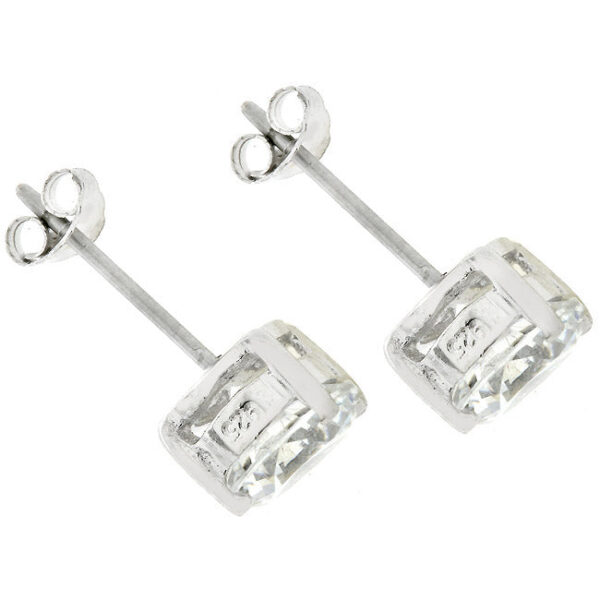 Clear round cubic zirconia stud earrings with prong settings and butterfly post backing.