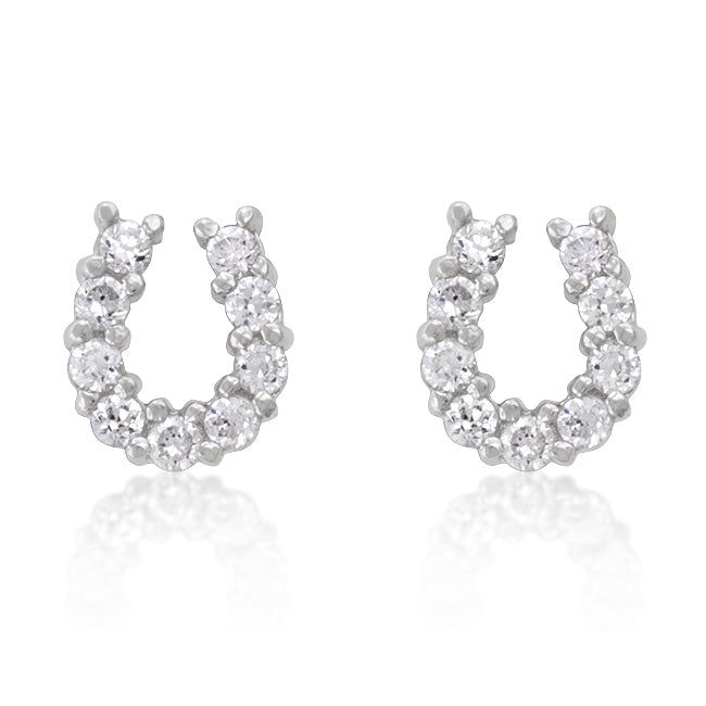 Horseshoe stud earrings with round 2 (mm) X 2 (mm) cubic zirconia in prong settings, rhodium plated over .925 sterling silver.