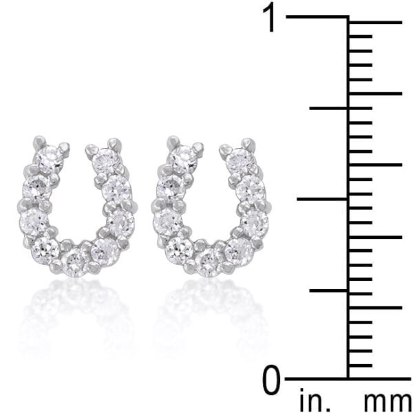 Horseshoe stud earrings with butterfly backings, round prong-set cubic zirconia, rhodium plated over .925 sterling silver.