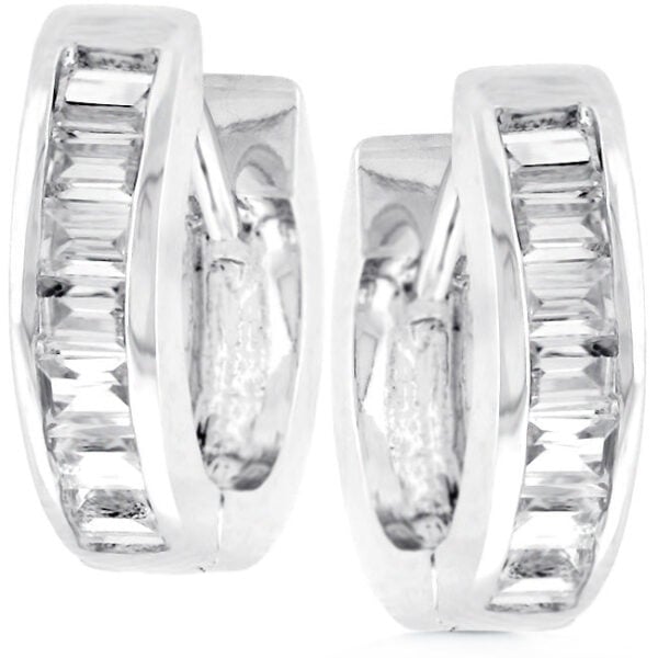 The earrings in rhodium plated over lead free alloy (brass) with channel-set cubic zirconia and lever back fastening.