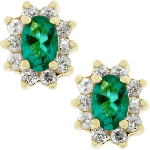 Flower-shaped stud earrings in goldtone finish with prong-set emerald-colored cubic zirconia stones