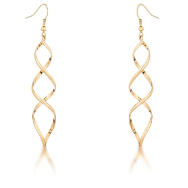 Pair of goldtone twist earrings with hook backings on a plain background