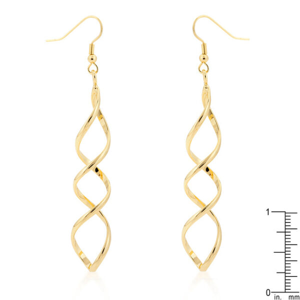 Close-up of a single goldtone twist earring showing the hook backing