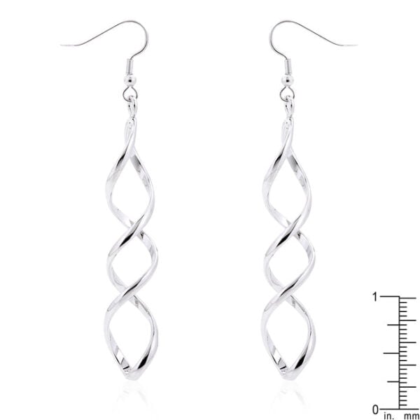 Close-up of one twist earring showing the metal twist detail and rhodium finish