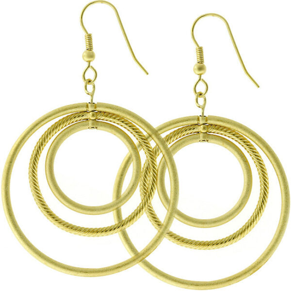 Pair of goldtone hoop earrings with hook backing shown against a plain background