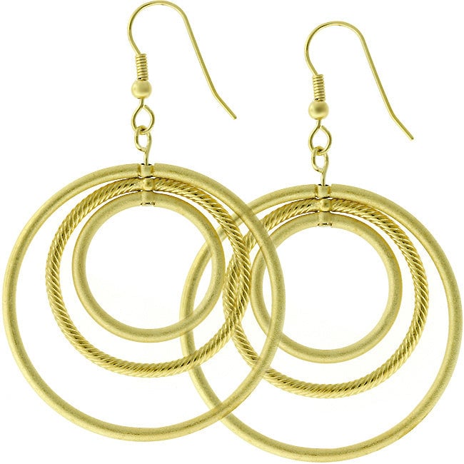 Pair of goldtone hoop earrings with hook backing shown against a plain background