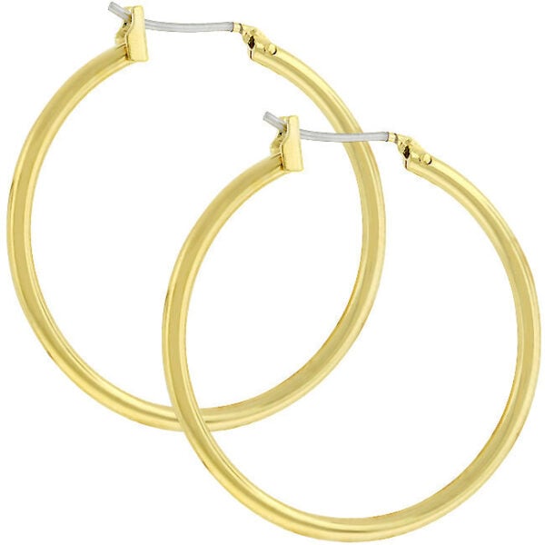 Pair of goldtone hoop earrings with lever backs shown against a plain background