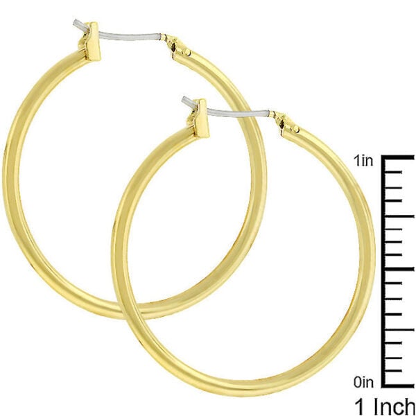 Goldtone hoop earring angled to show the curve and thickness of the metal band