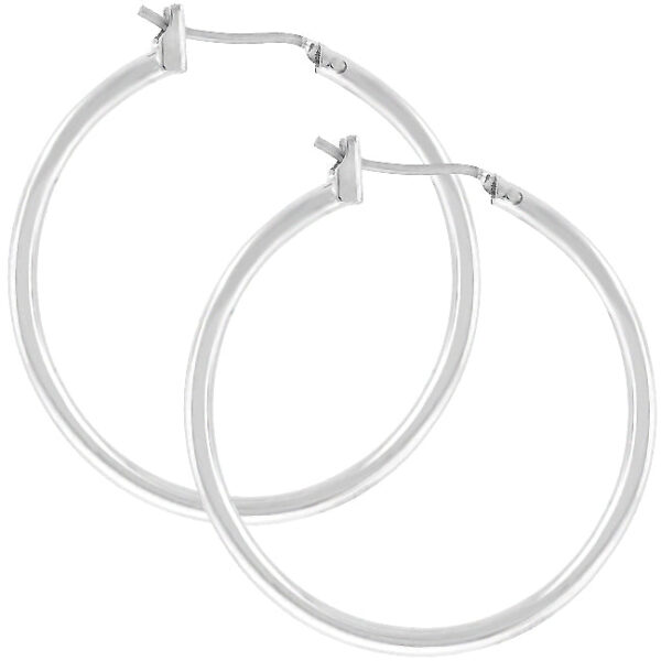 Clear stone hoop earrings with lever backings, plated in silver tone over lead free alloy (brass).