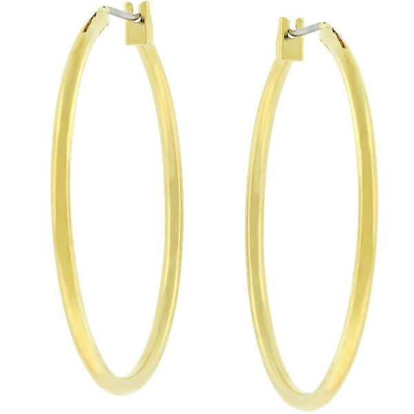 Pair of classic gold-tone hoop earrings with post backings shown against a plain background