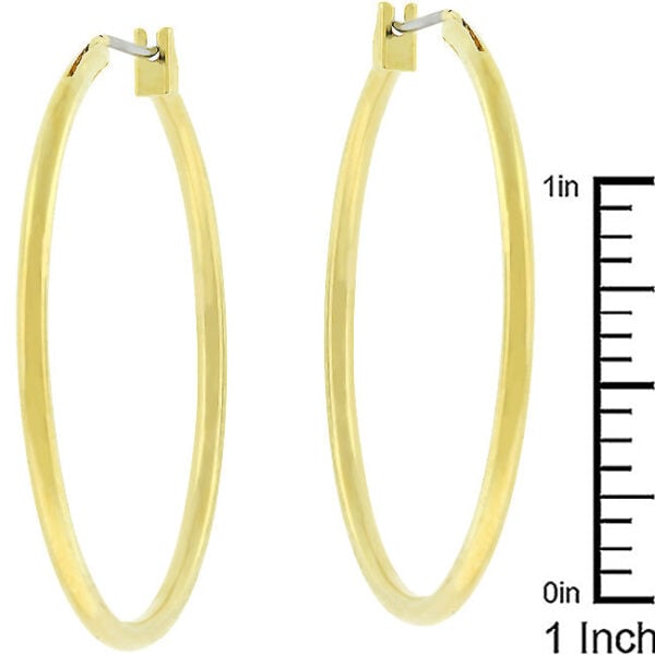 Gold-tone hoop earrings displayed at an angle showing the thickness and curve of the hoop