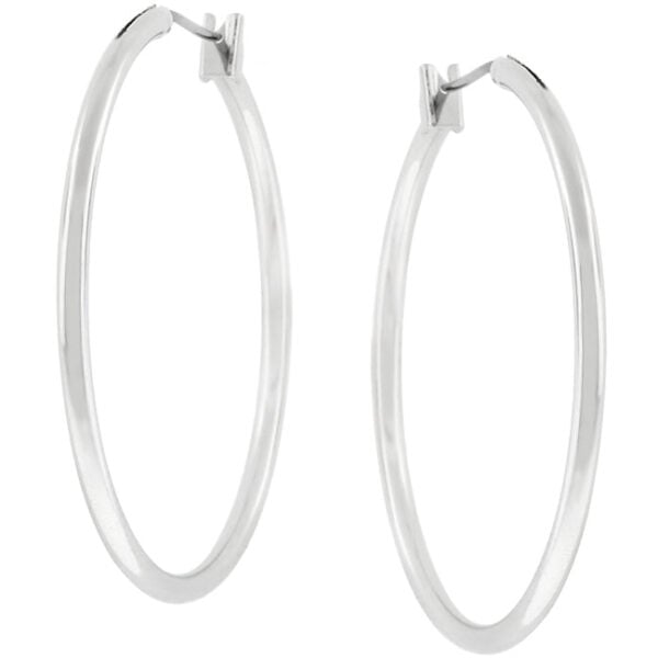 Pair of silvertone hoop earrings shown together against a plain background