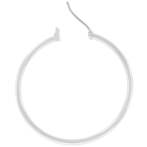 Close-up of a single silvertone hoop earring showing the lever back closure