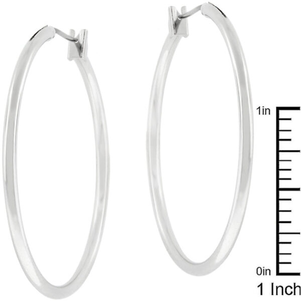 Angled view of the silvertone hoop earring showing the metal surface catching light