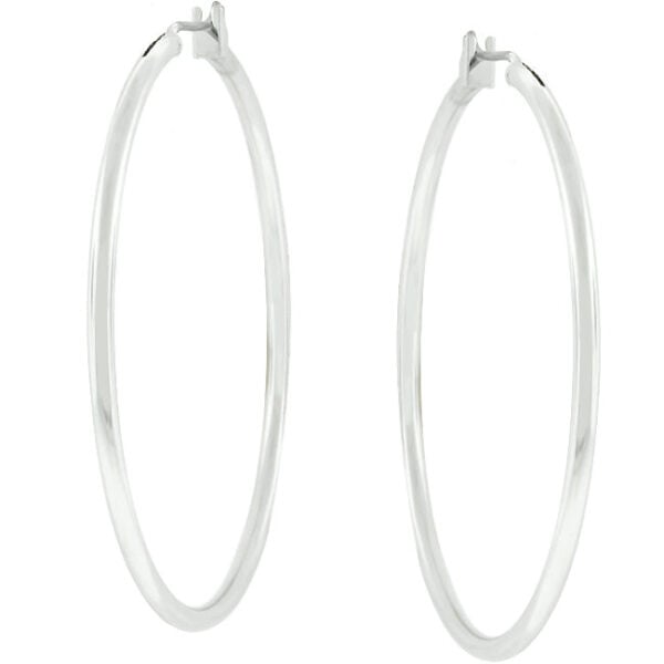 Pair of large silvertone hoop earrings with hook backings shown against a plain background