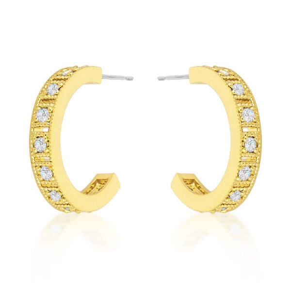 Pair of goldtone finish hoop earrings with round blue cubic zirconia set in prongs
