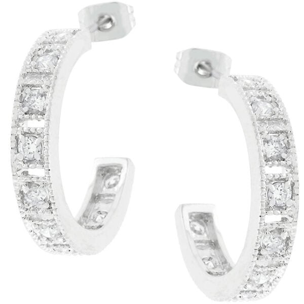Studded hooplet earrings with round red cubic zirconia in prong settings and disc (post) backings.