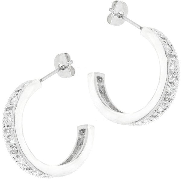 Studded hooplet earrings with disc (post) backings, round red cubic zirconia, and prong settings.