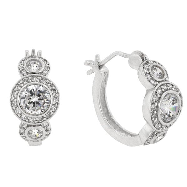 Classic hoop earrings with round 5 Mm cubic zirconia accent stones in bezel settings, rhodium plated over lead free alloy (brass).