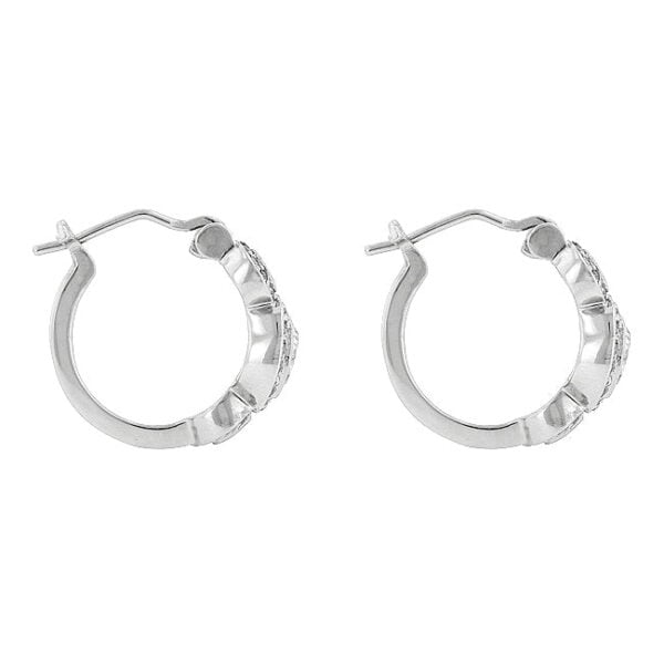 Round 5 Mm cubic zirconia accent stones held in bezel settings on classic hoop earrings.