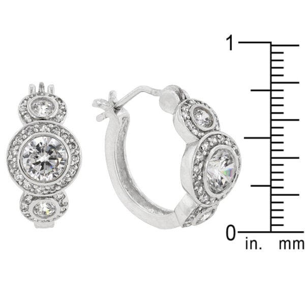 Classic hoop earrings with a hinge with notched post backing and round cubic zirconia in bezel settings.