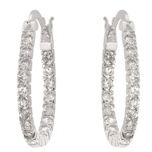 The earrings in rhodium plated over lead free alloy (brass) with round prong-set cubic zirconia.