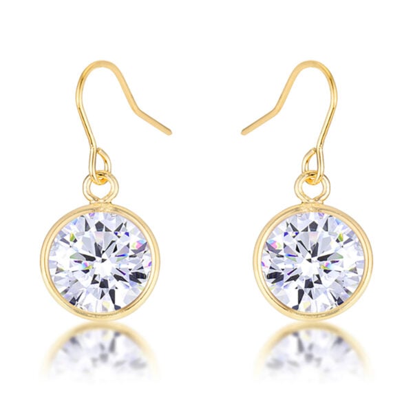 Pair of 18K gold plated drop earrings, each with a round cubic zirconia in a bezel setting