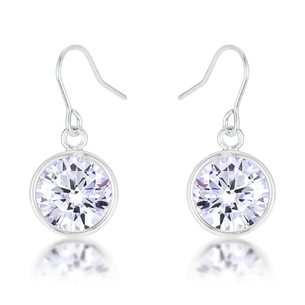 Rhodium plated over lead free alloy (brass) earrings with round 9 (mm) cubic zirconia and fish hook fastening.