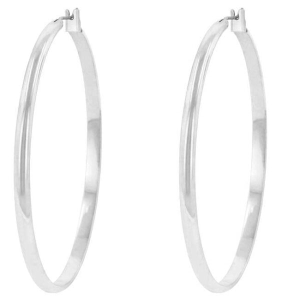 Simple hoop earrings in rhodium plated over lead free alloy (brass) with lever back fastening.