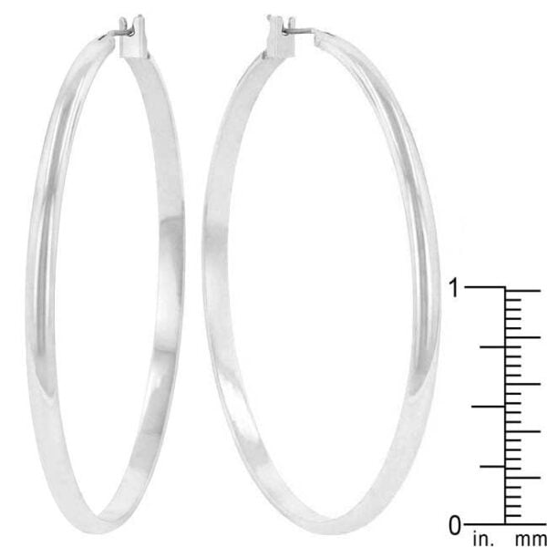 Simple rhodium plated over lead free alloy (brass) hoop earrings with a bright white rhodium finish.