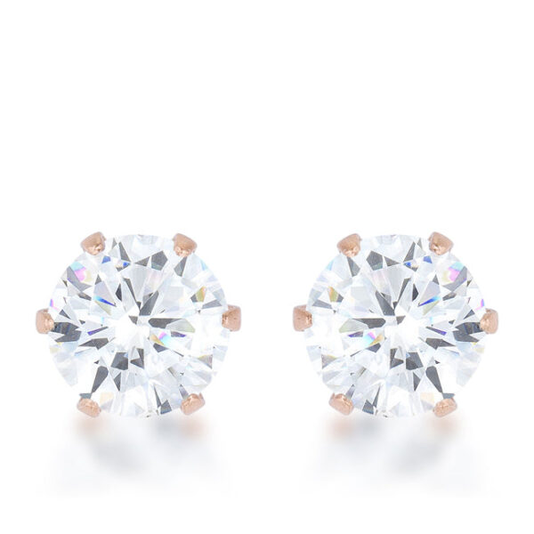 Rose goldtone plated stud earring with a round cubic zirconia in a prong setting, shown close up