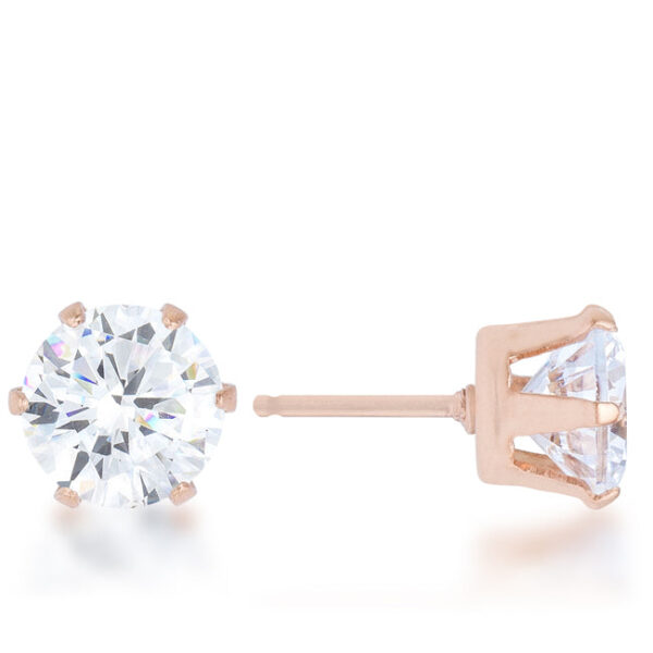 Pair of rose goldtone plated stud earrings laid flat side by side on a plain background