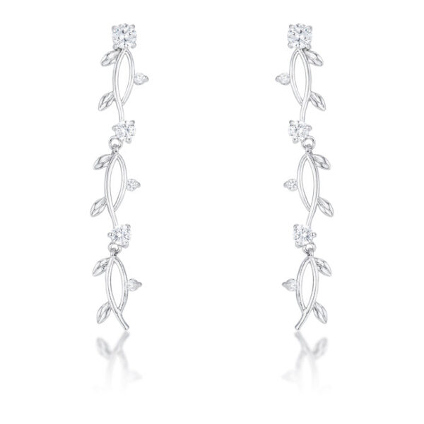 Vine design rhodium plated over lead free alloy (brass) earrings with round prong-set cubic zirconia.