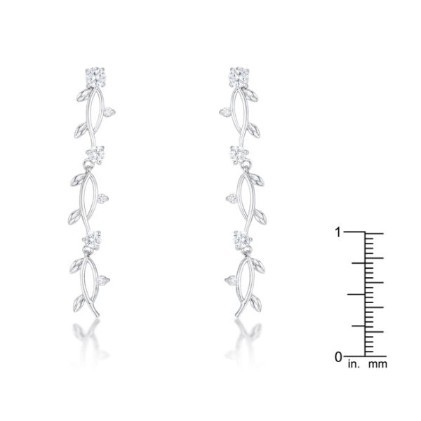 Vine design earrings with round cubic zirconia in prong settings and rhodium plated over lead free alloy (brass).